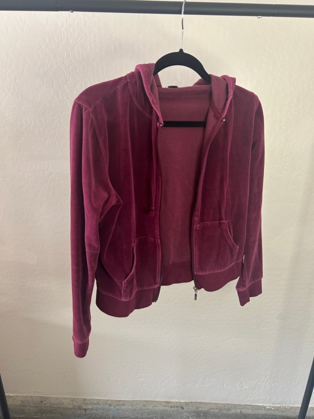 Large Ambiance Burgundy Velour Zip Up Hoodie Jacket Cozy